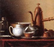 unknow artist Still life of a chocolate pot,teapot,sucrier,bowl,teajar,tea cups and saucers,and silver spoons,all upon a draped table top Sweden oil painting reproduction